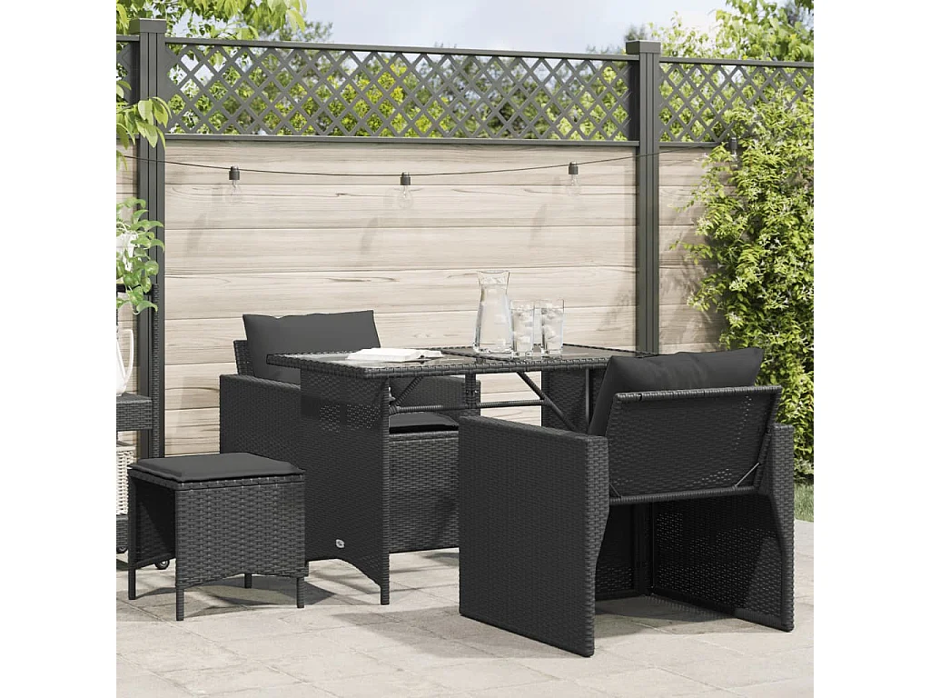 4-delige Loungeset met kussens poly rattan zwart