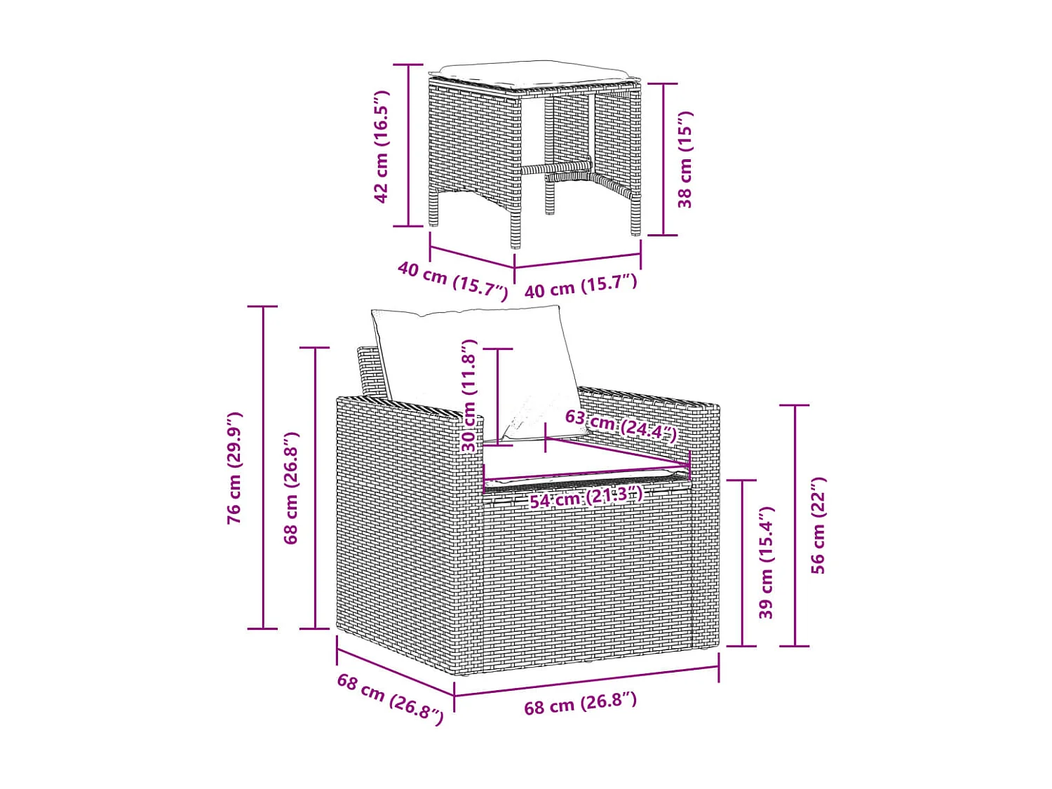 4-delige Loungeset met kussens poly rattan zwart