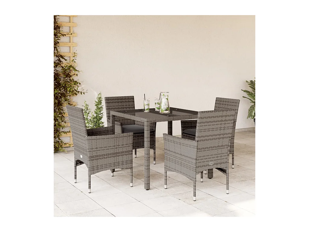 Ensemble à manger de jardin et coussins 5 pcs gris rotin verre