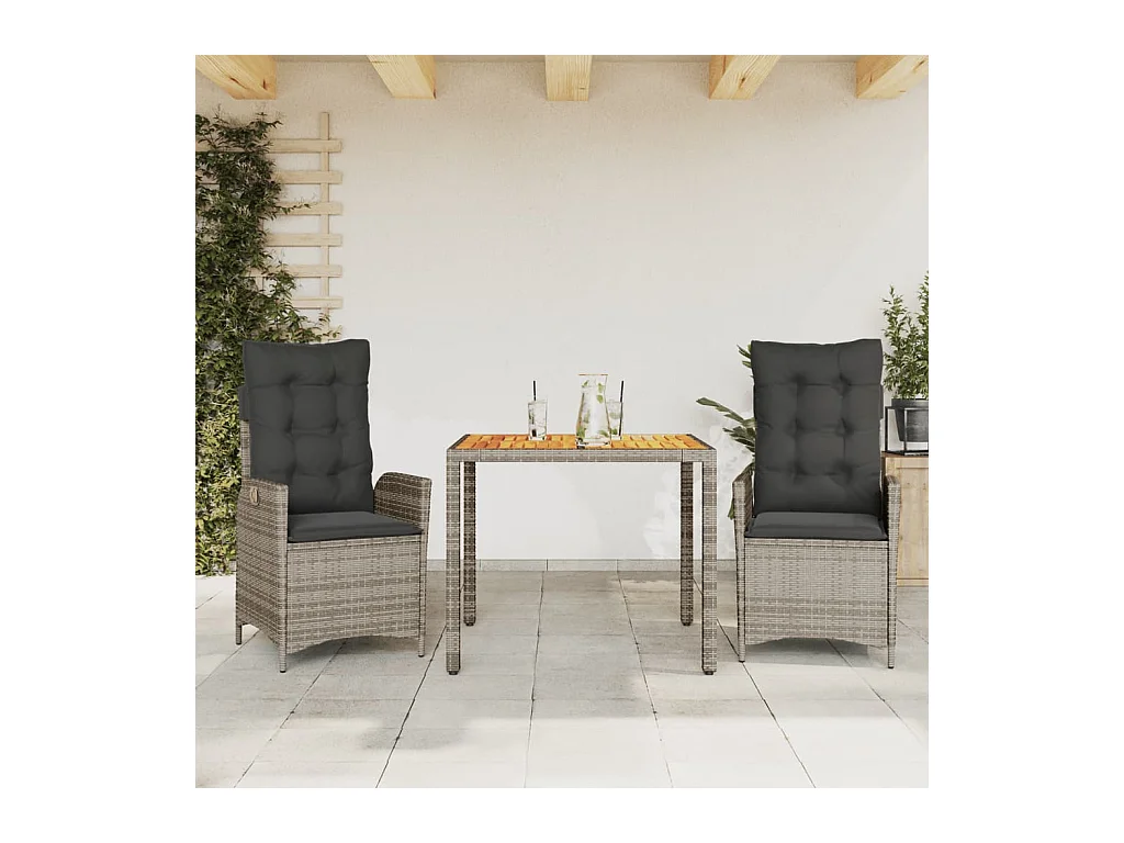 3-tlg. Garten-Essgruppe mit Kissen Grau Poly Rattan