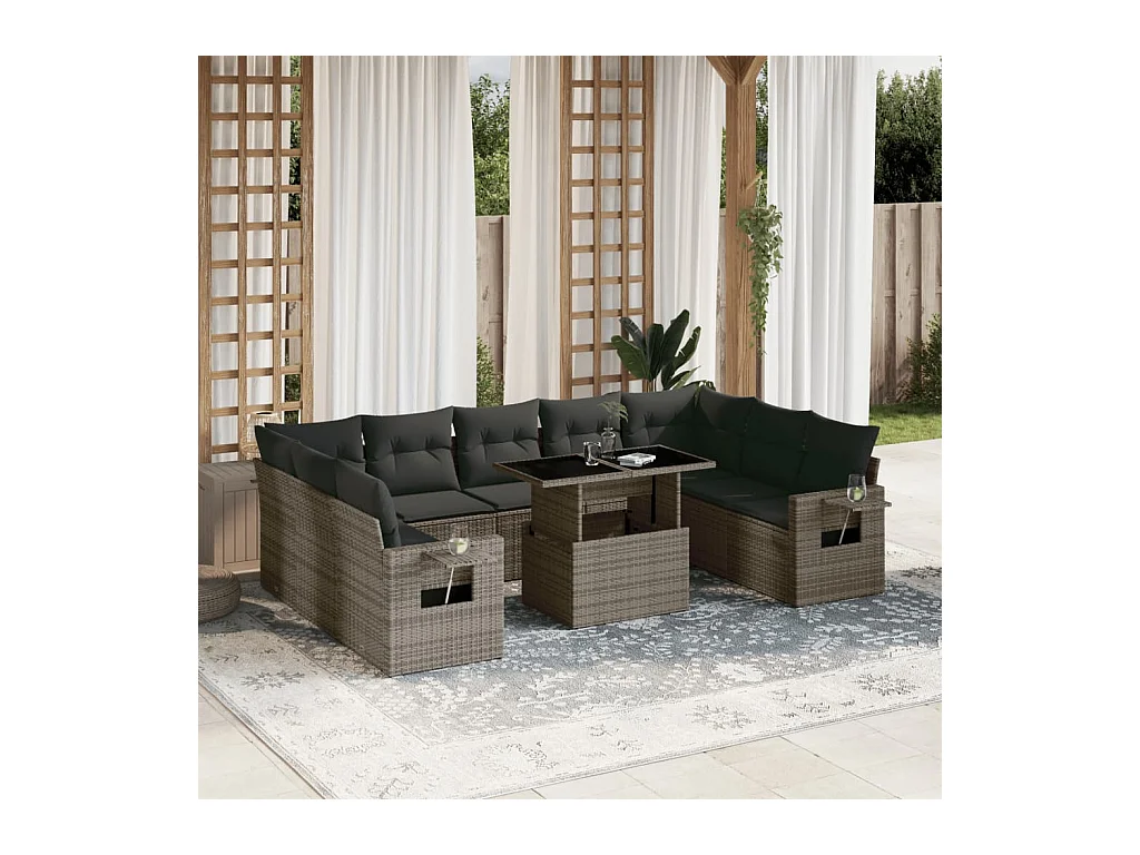 Set Divano da Giardino 10 pz con Cuscini Grigio in Polyrattan