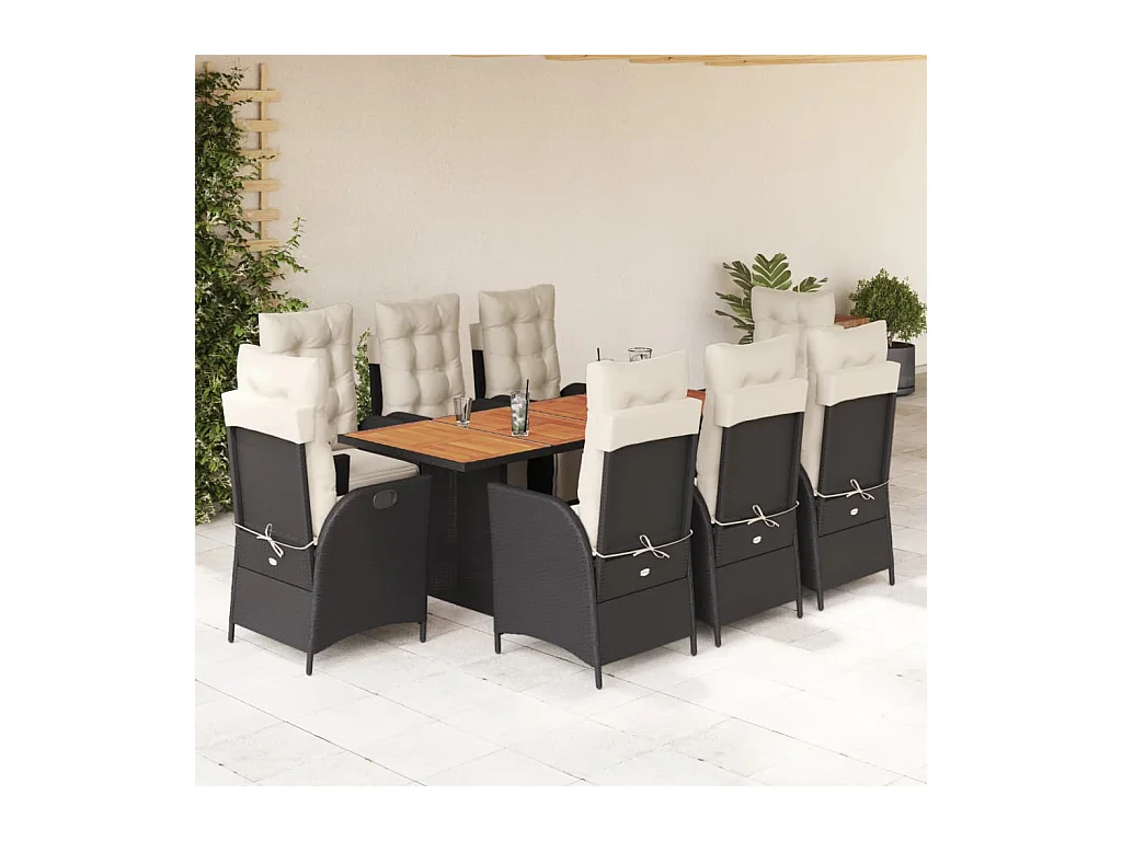 Ensemble à manger de jardin 9pcs coussins noir résine tressée