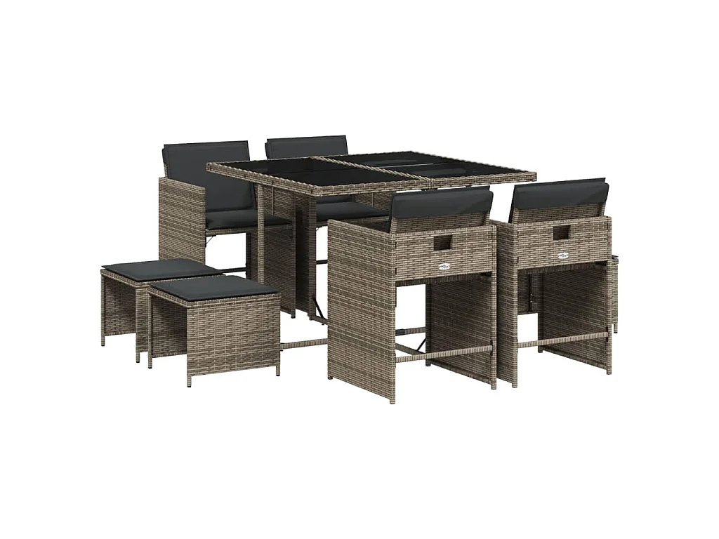 9-tlg. Garten-Essgruppe mit Kissen Grau Poly Rattan