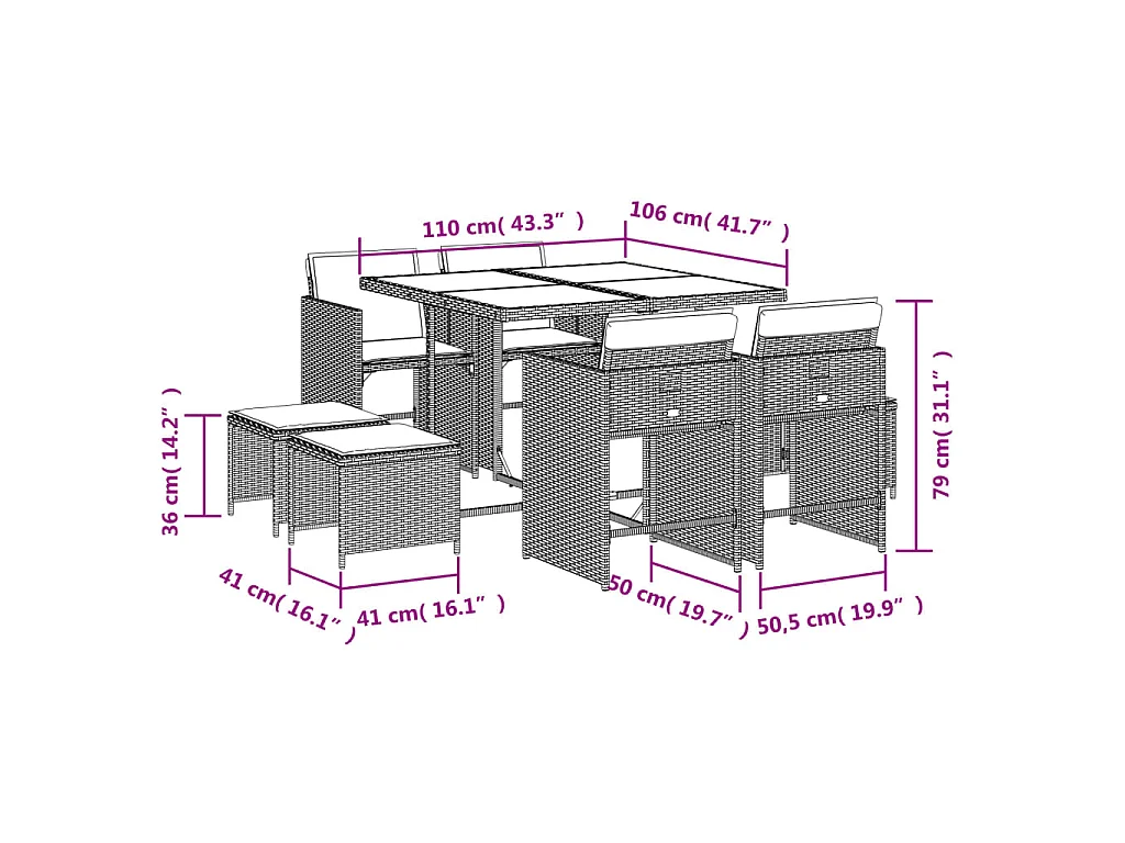 9-tlg. Garten-Essgruppe mit Kissen Grau Poly Rattan