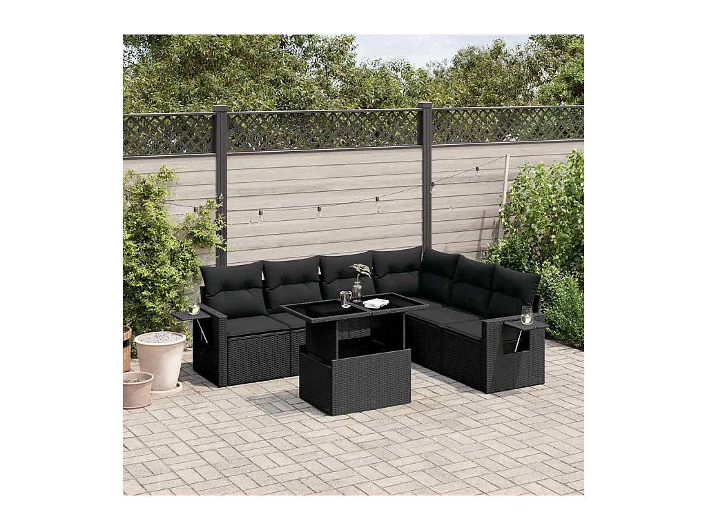 Salon de jardin 7 pcs avec coussins noir résine tressée