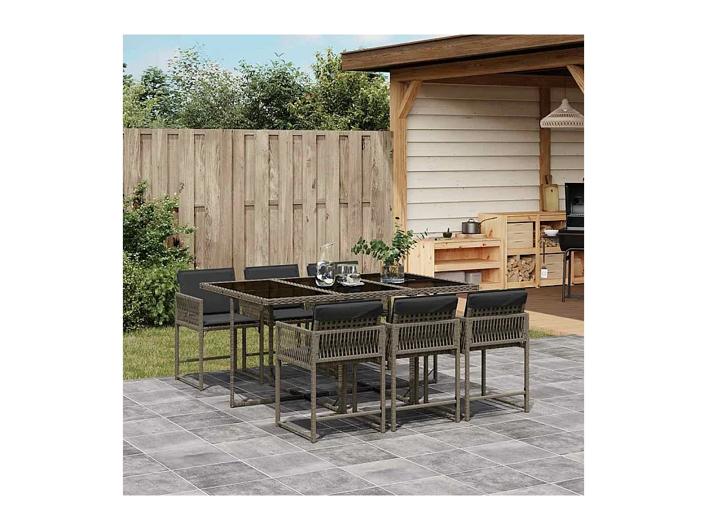 Set da Pranzo da Giardino 7 pz con Cuscini in Polyrattan Grigio