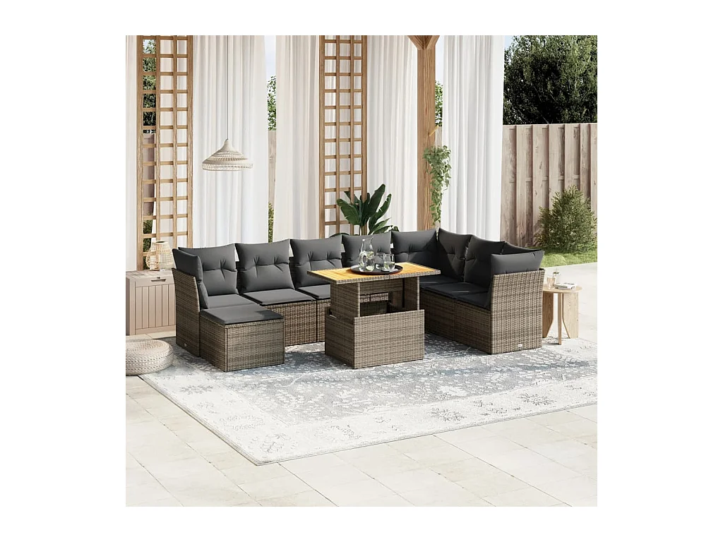Salon de jardin 9 pcs avec coussins gris résine tressée
