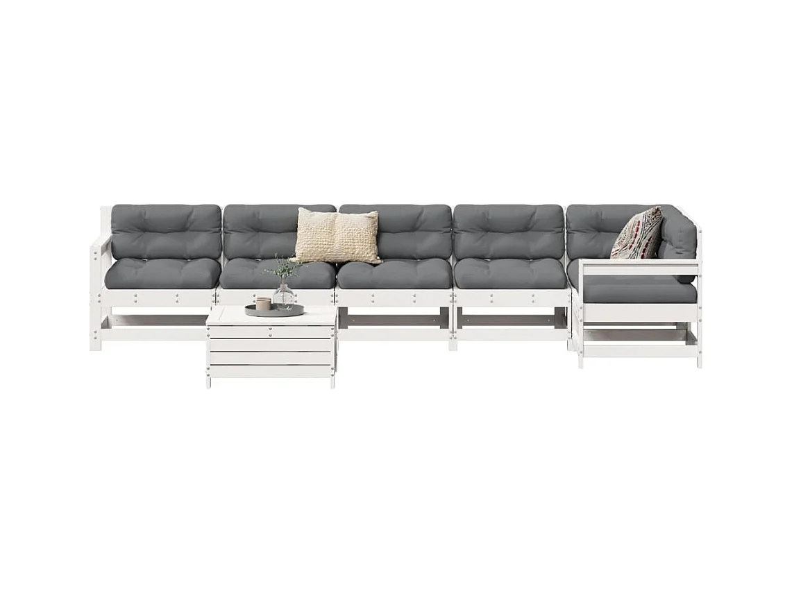 Set Divani da Giardino 7 pz Bianco in Legno Massello di Pino