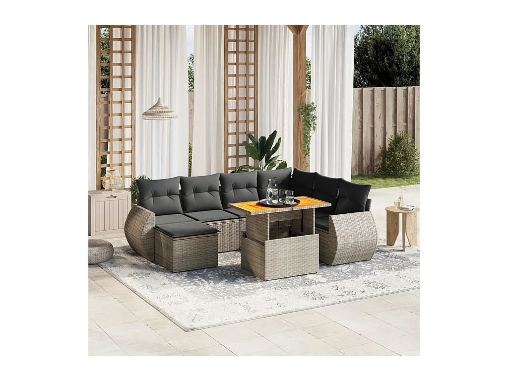 Salon de jardin 8 pcs avec coussins gris résine tressée