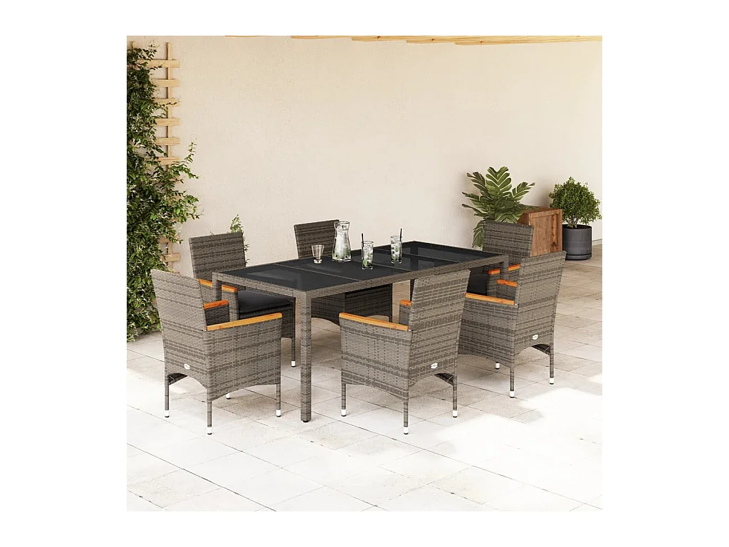 Ensemble à manger de jardin et coussins 7 pcs gris rotin verre