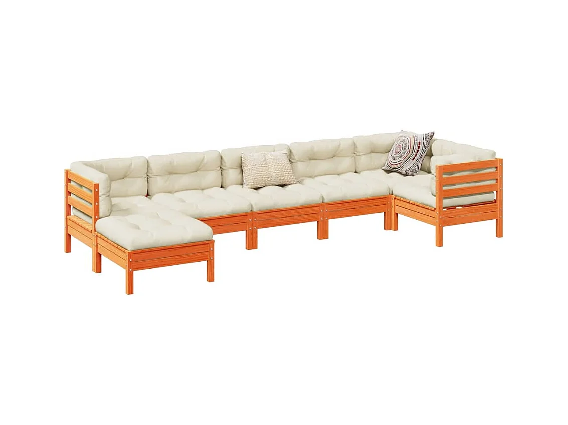 Salon de jardin 7 pcs avec coussins cire marron bois pin massif