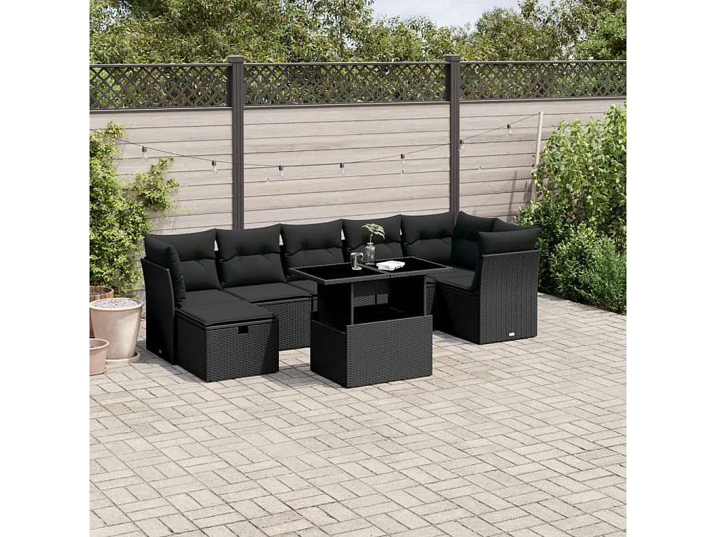 Salon de jardin 8 pcs avec coussins noir résine tressée