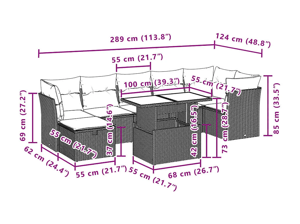 Salon de jardin 8 pcs avec coussins noir résine tressée