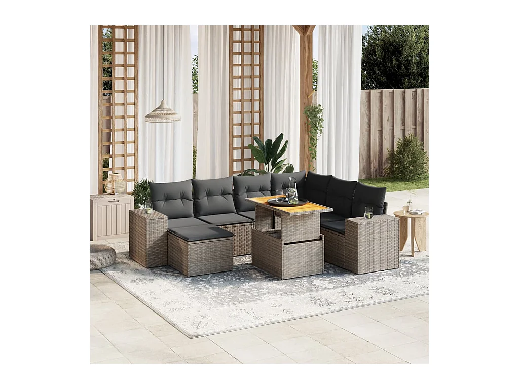 8-delige Loungeset met kussens poly rattan grijs