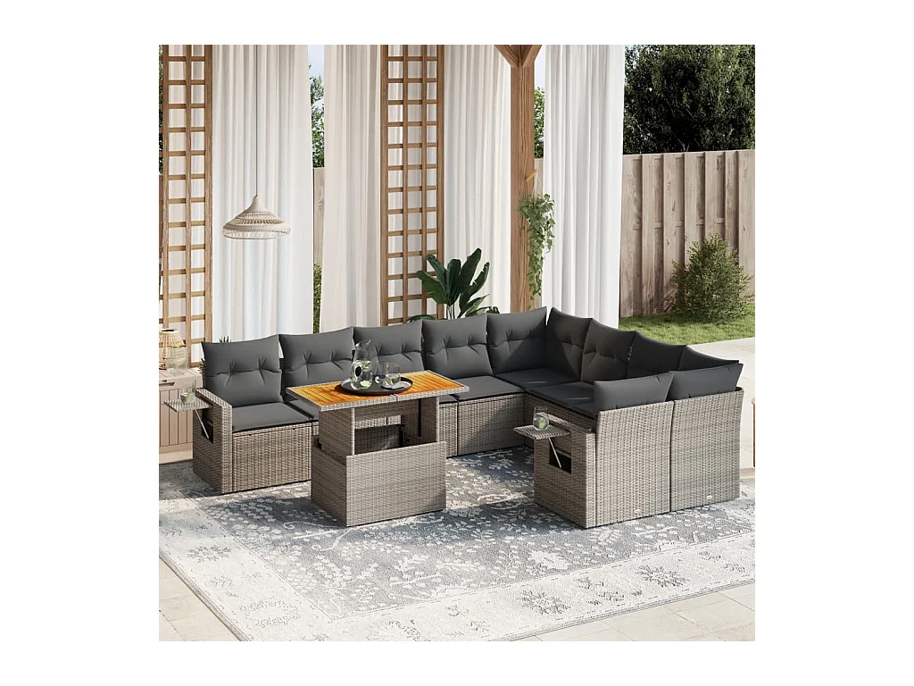10-tlg. Garten-Sofagarnitur mit Kissen Grau Poly Rattan