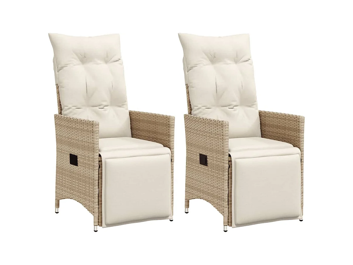 Chaises inclinables de jardin lot de 2 et coussins beige rotin