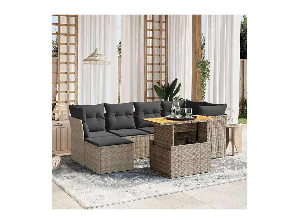 7-tlg. Garten-Sofagarnitur mit Kissen Grau Poly Rattan