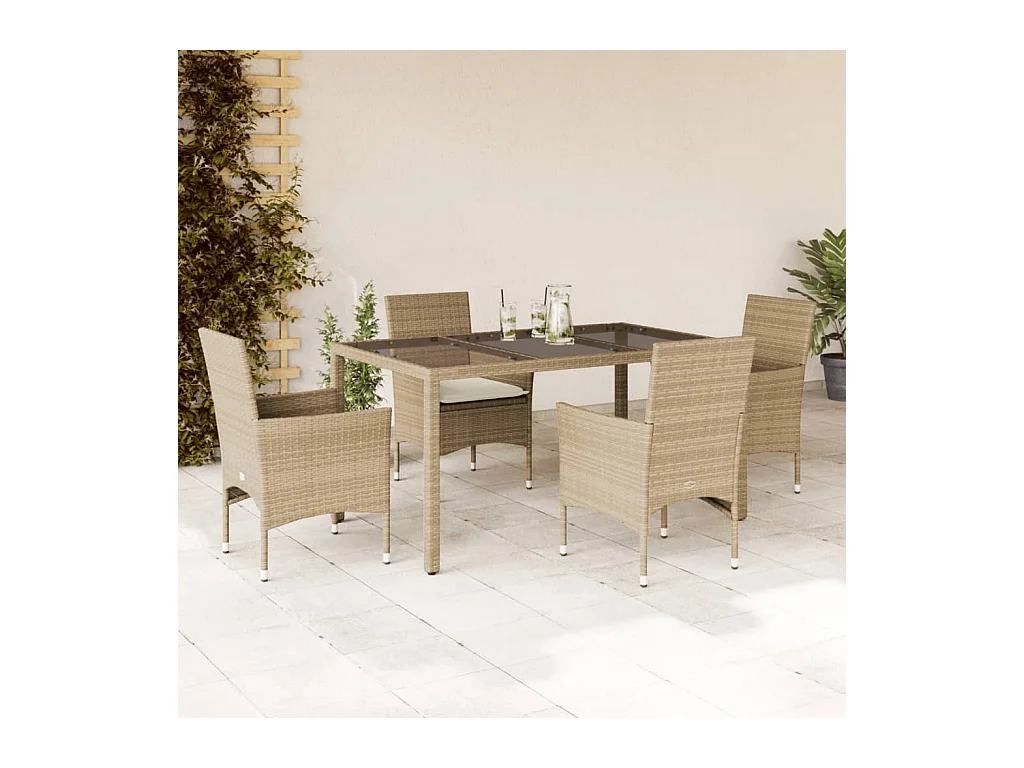 Ensemble à manger de jardin et coussins 5 pcs beige rotin verre