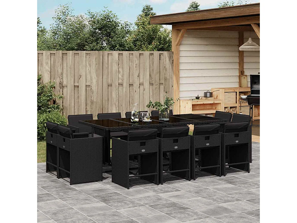 Ensemble à manger de jardin 13 pcs coussins noir résine tressée