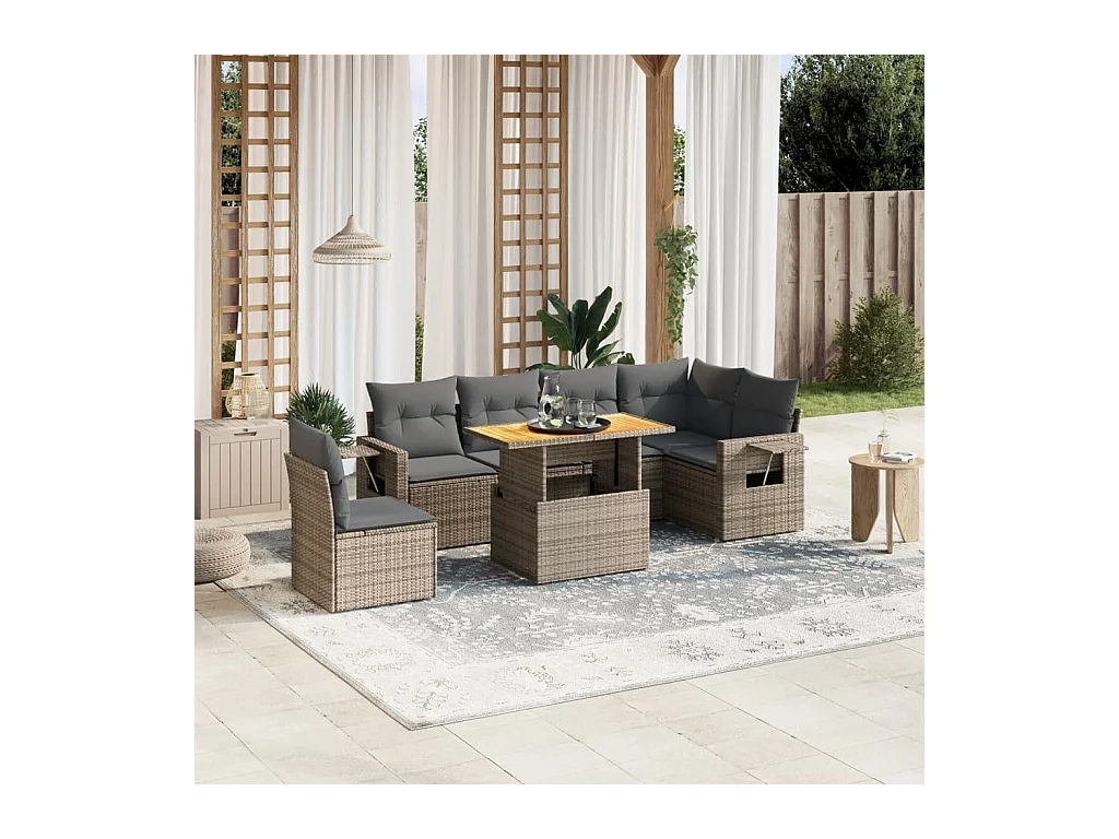 Salon de jardin avec coussins 7 pcs gris résine tressée