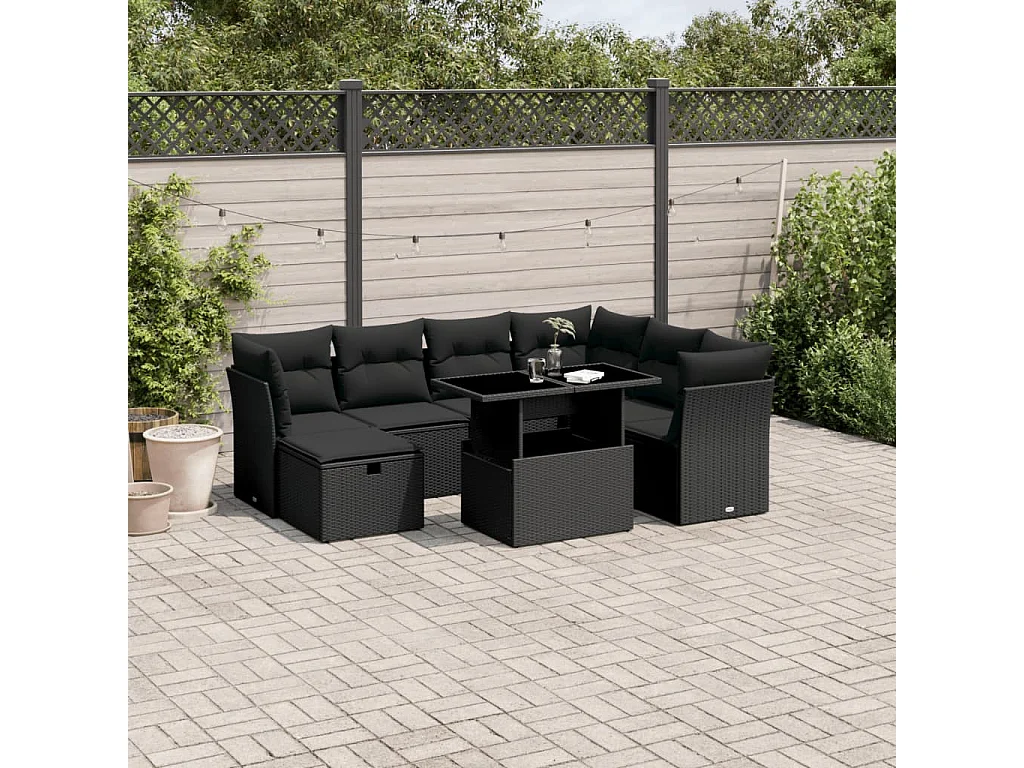 Salon de jardin 8 pcs avec coussins noir résine tressée