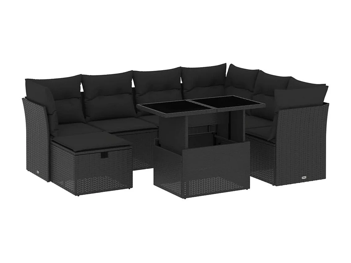 Salon de jardin 8 pcs avec coussins noir résine tressée