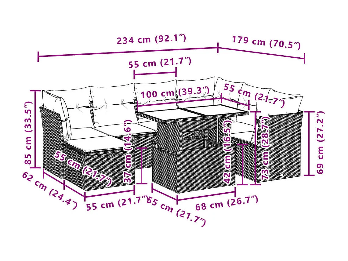 Salon de jardin 8 pcs avec coussins noir résine tressée