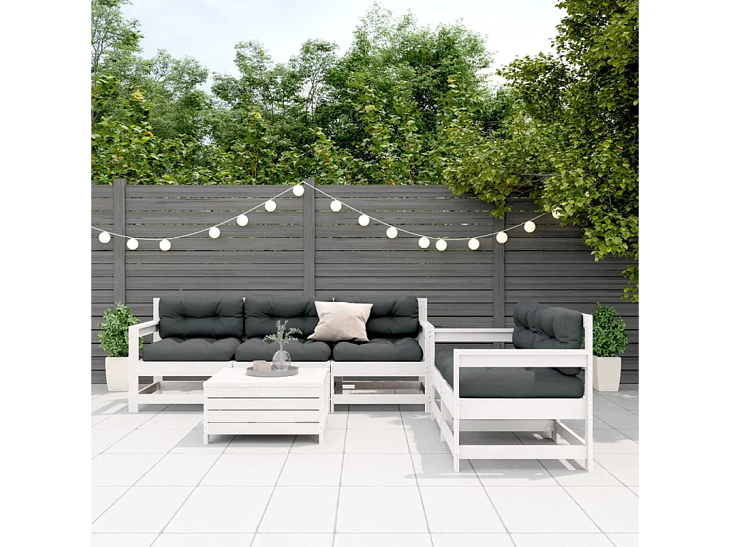 6-tlg. Garten-Lounge-Set mit Kissen Weiß Massivholz Kiefer