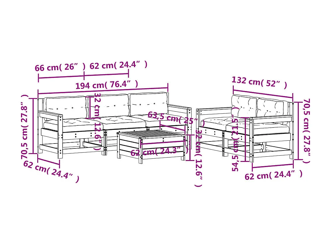6-tlg. Garten-Lounge-Set mit Kissen Weiß Massivholz Kiefer