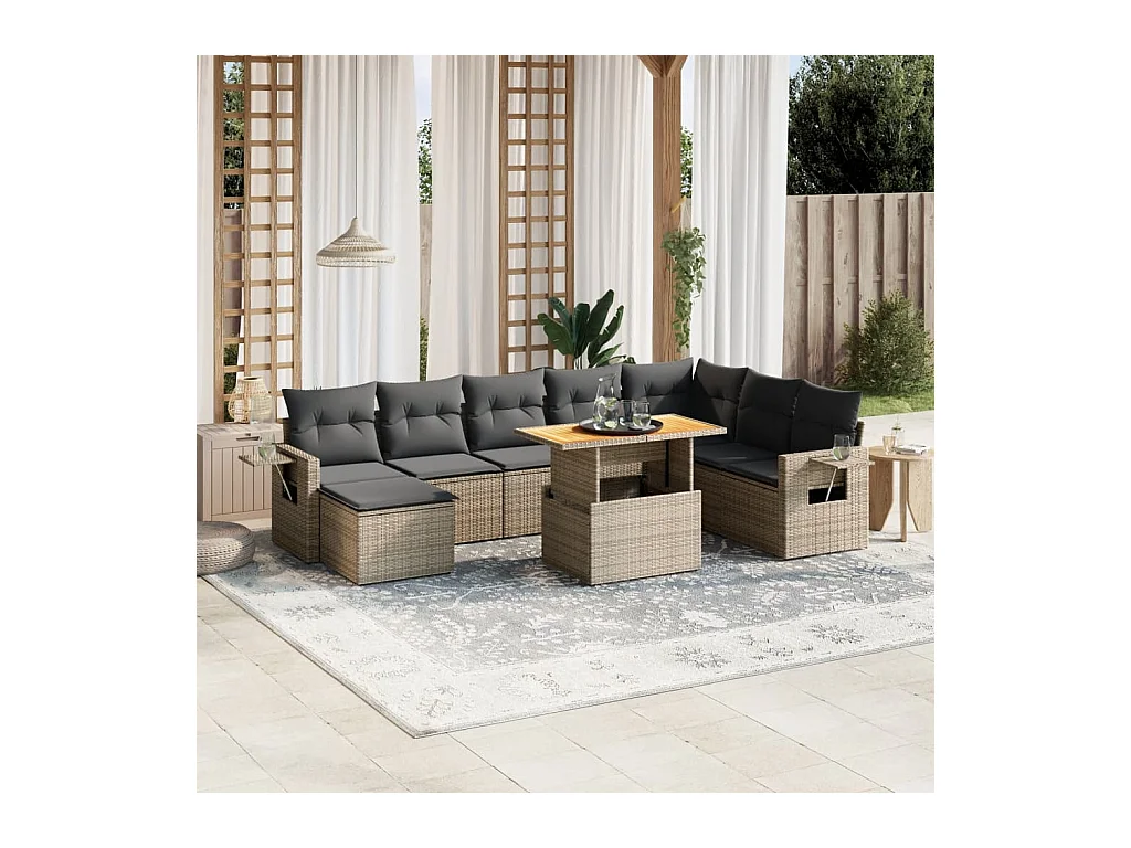 Salon de jardin 9 pcs avec coussins gris résine tressée