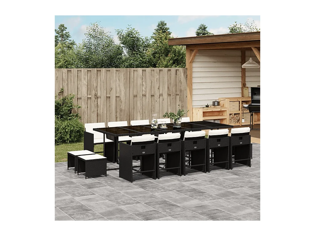 15-tlg. Garten-Essgruppe mit Kissen Schwarz Poly Rattan