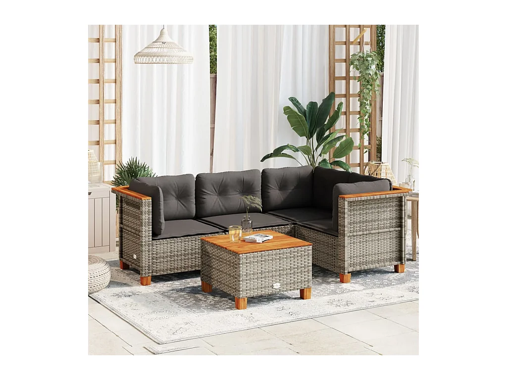 Salon de jardin 5 pcs avec coussins gris résine tressée