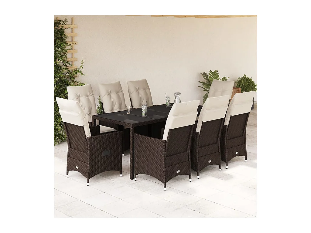 Ensemble à manger de jardin et coussins 9 pcs marron poly rotin