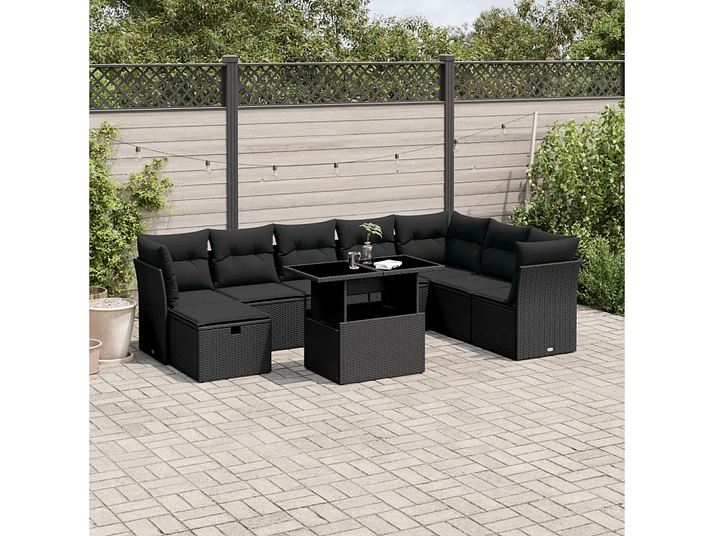 Set Divani da Giardino 9 pz con Cuscini Nero in Polyrattan