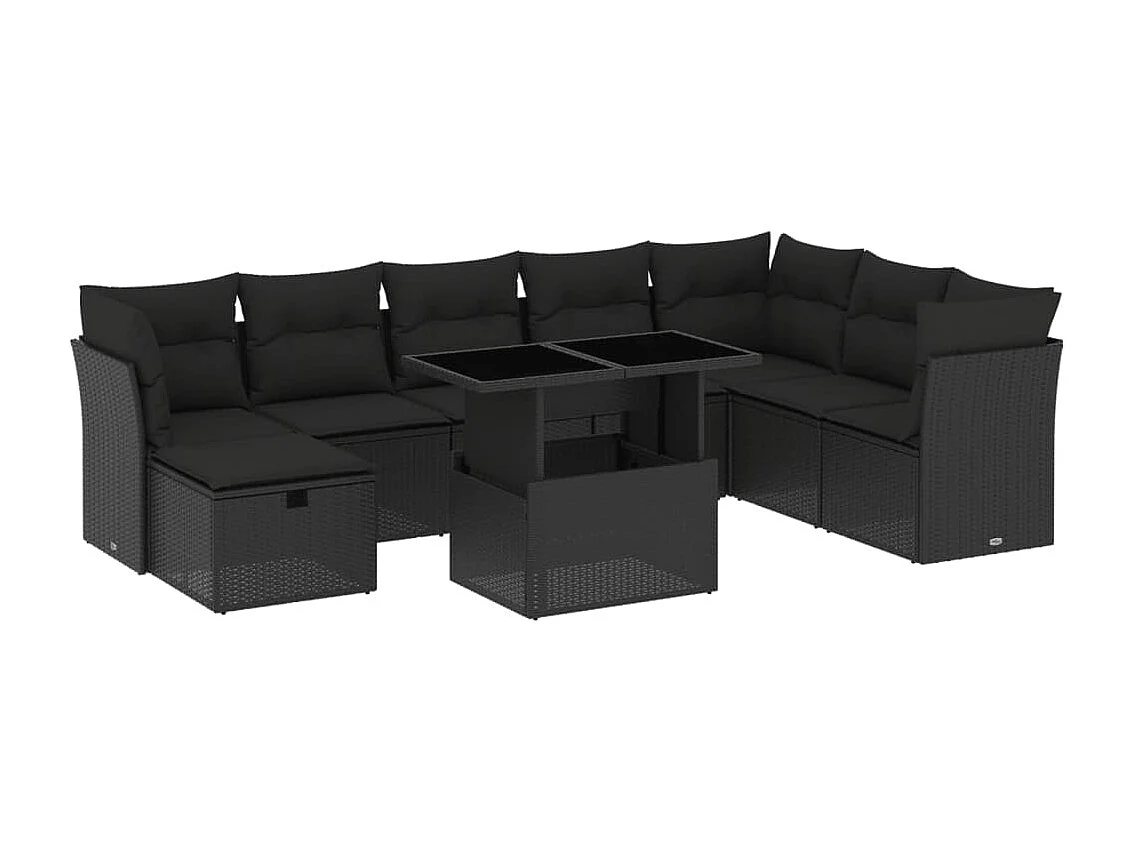 Set Divani da Giardino 9 pz con Cuscini Nero in Polyrattan