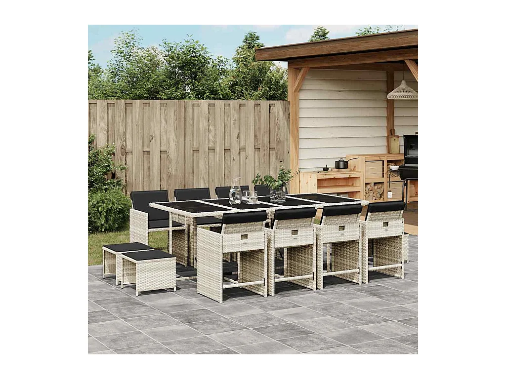 Ensemble à manger de jardin et coussins 13 pcs gris clair rotin