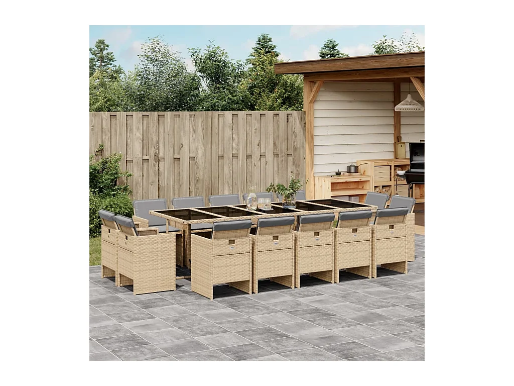 Set Pranzo da Giardino 15 pz con Cuscini Beige Misto Polyrattan