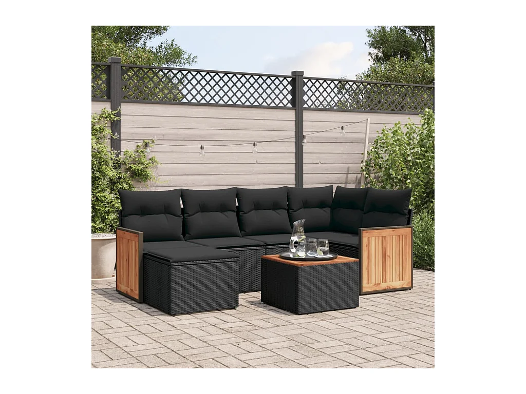 7-delige Loungeset met kussens poly rattan zwart