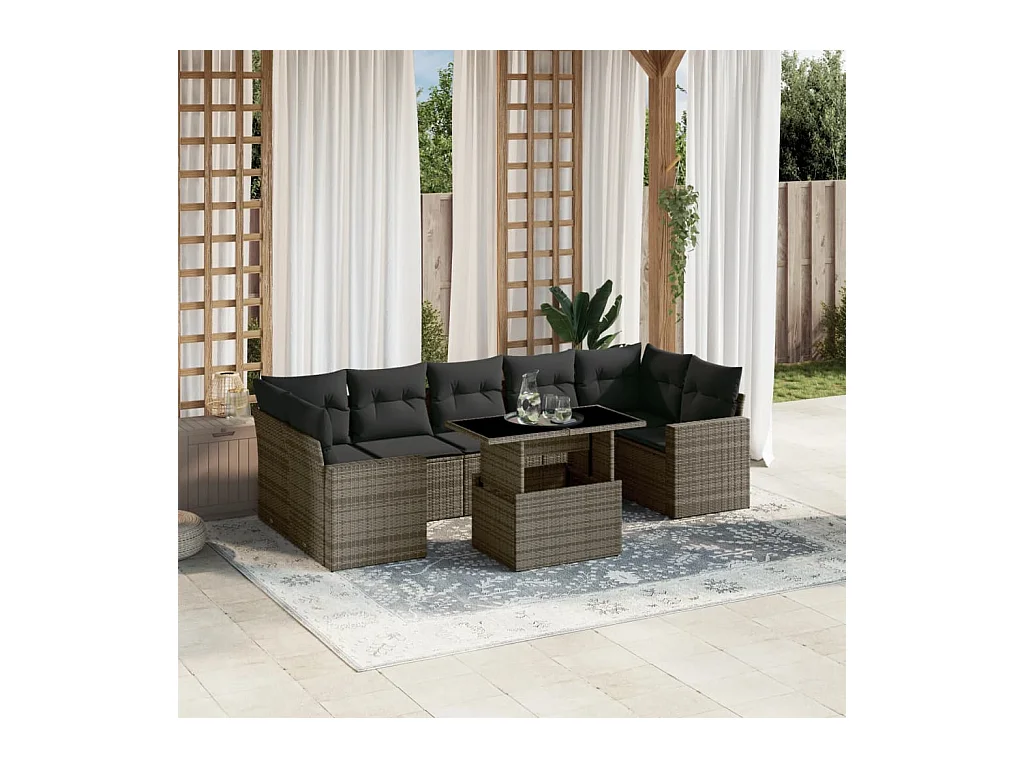 Salon de jardin 8 pcs avec coussins gris résine tressée