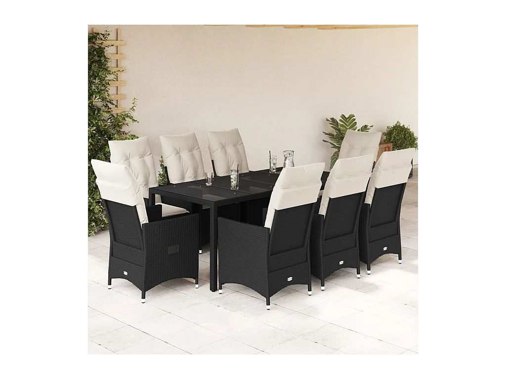 Ensemble à manger de jardin 9pcs coussins noir résine tressée