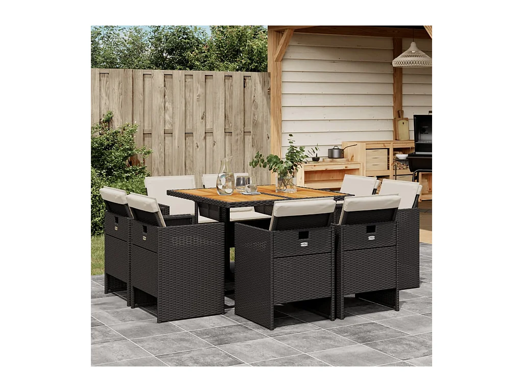 Set da Pranzo da Giardino 9 pz con Cuscini Nero in Polyrattan