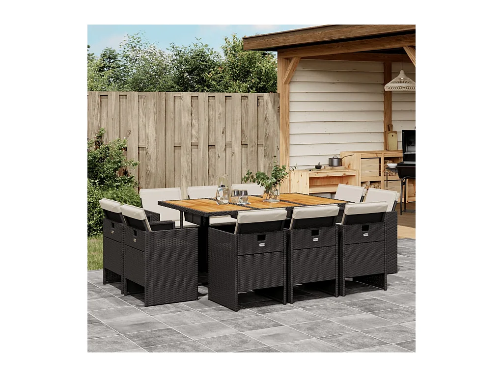 11-delige Tuinset met kussens poly rattan zwart