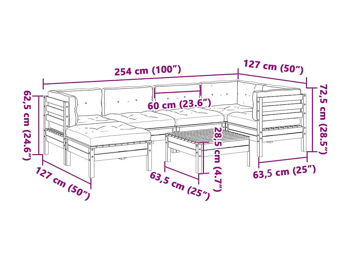 Salon de jardin 7 pcs et coussins bois massif sapin de douglas
