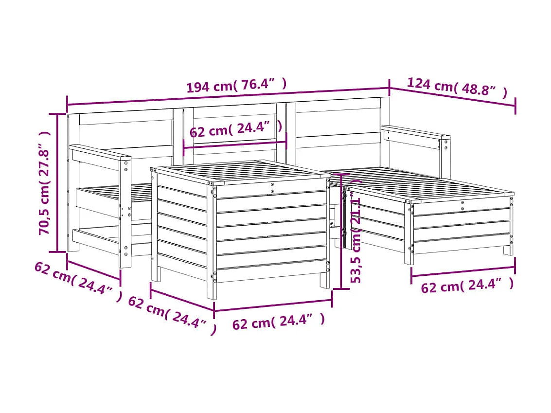Set Divani da Giardino 5 pz in Legno Massello di Pino