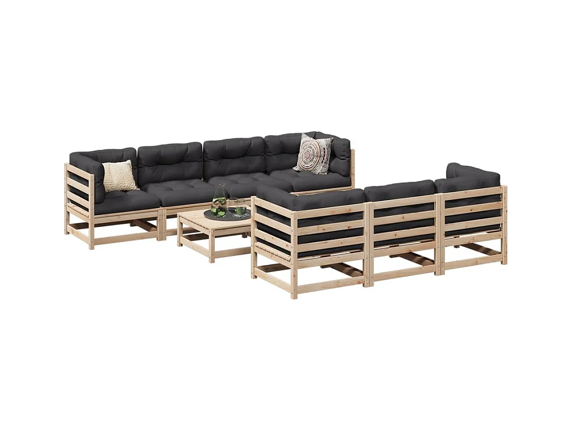 Salon de jardin 8 pcs avec coussins bois de pin massif
