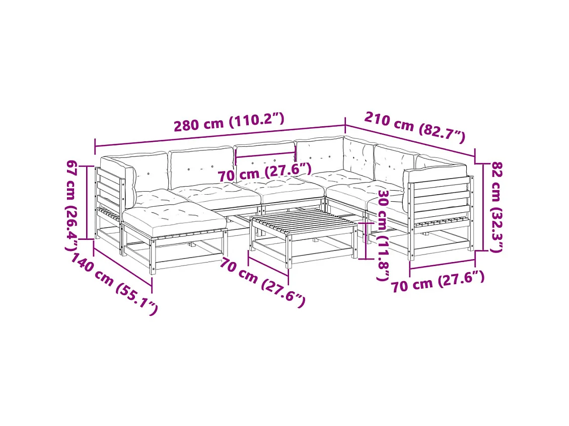 Salon de jardin 8 pcs avec coussins sapin douglas solide