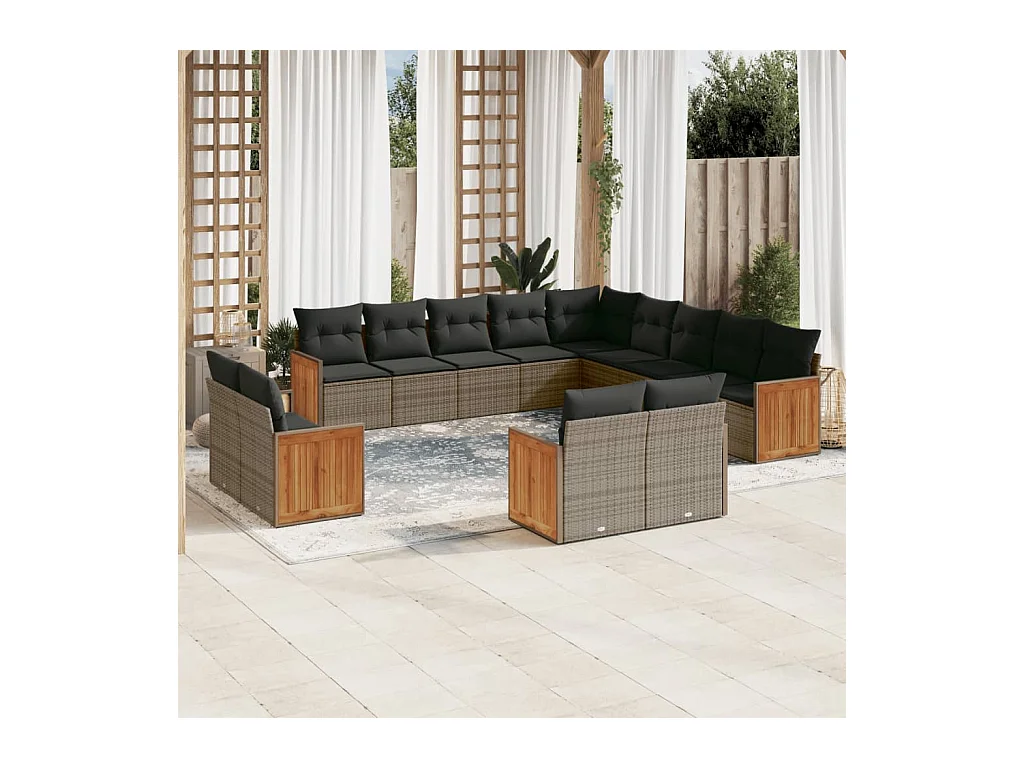 Salon de jardin avec coussins 13 pcs gris résine tressée