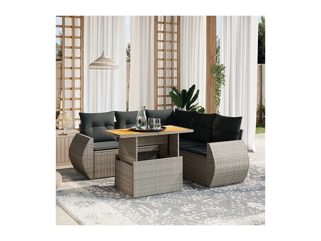 Salon de jardin 6 pcs avec coussins gris résine tressée
