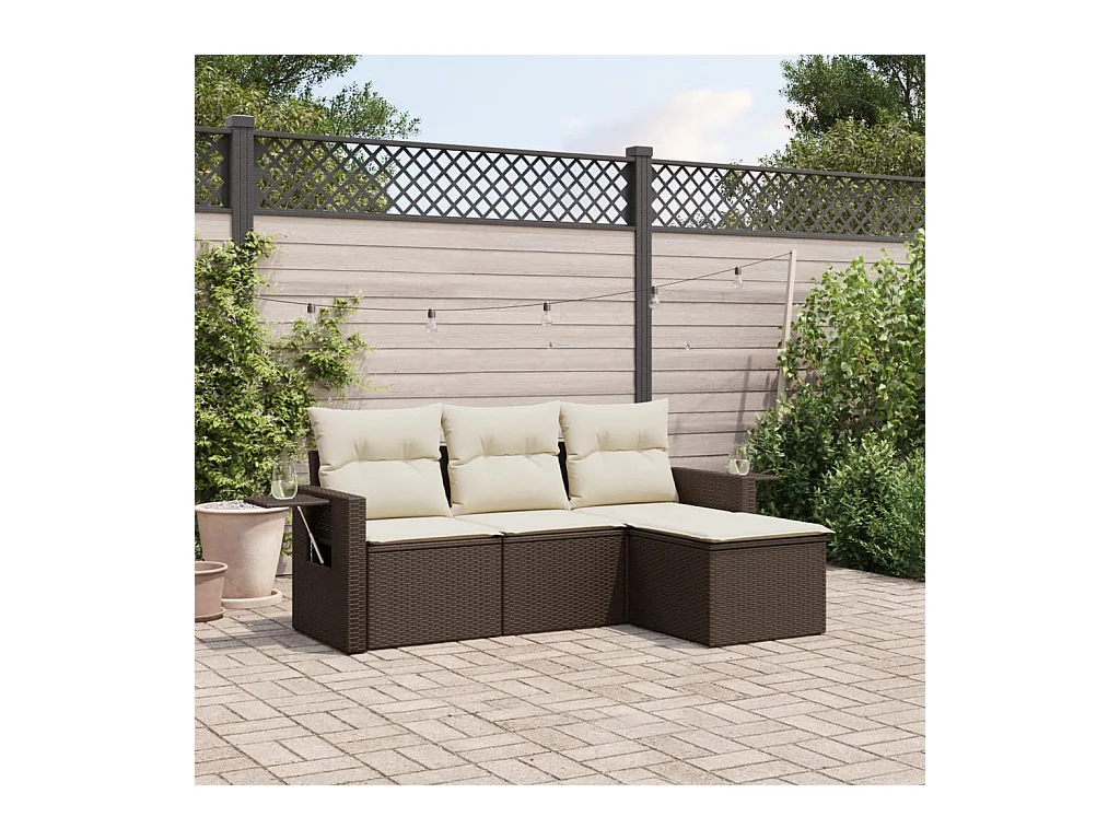 Set Divano da Giardino 4 pz con Cuscini Marrone in Polyrattan
