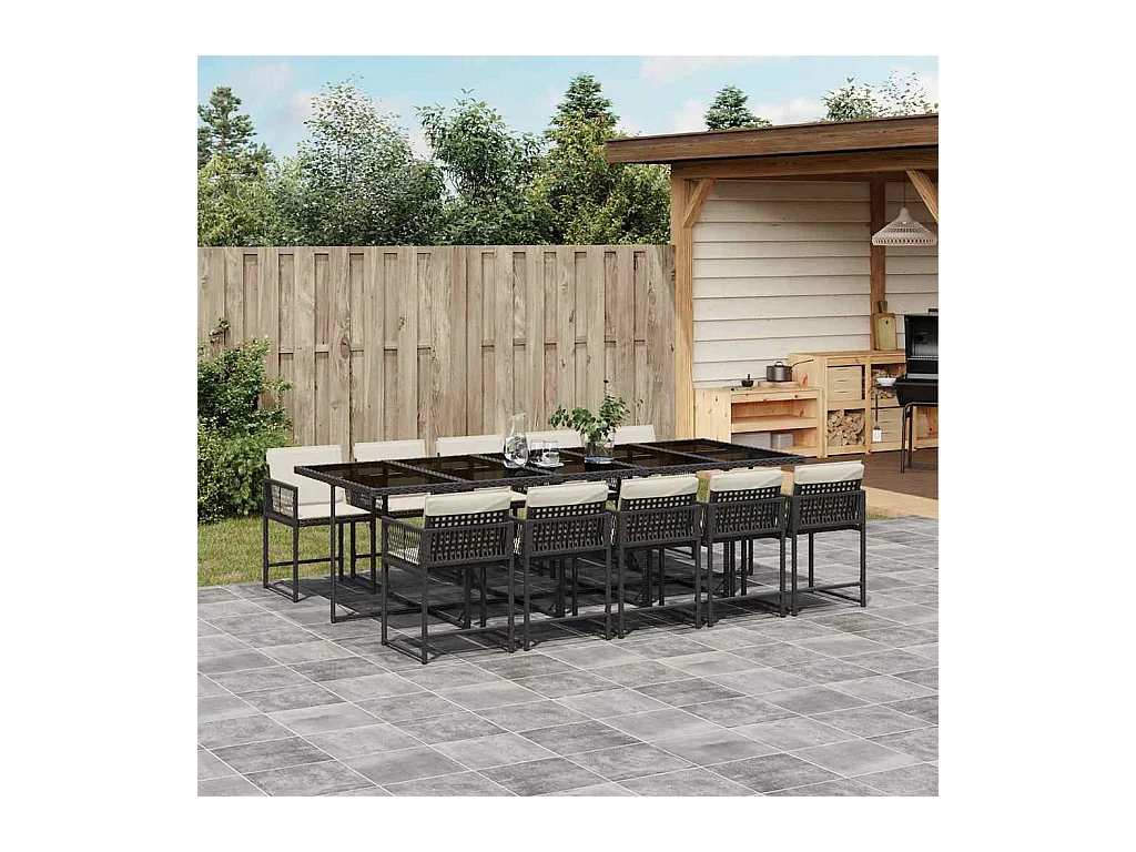 11-tlg. Garten-Essgruppe mit Kissen Schwarz Poly Rattan